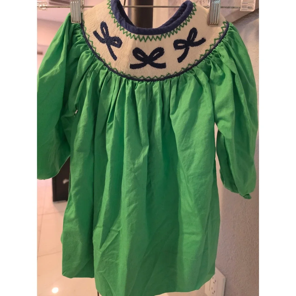 The Bella Bean Green Smocked Bishop Dress Navy Bows Long Sleeve 2T